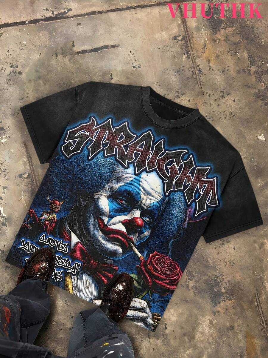 VHUTHK (180 Cotton T-Shirt) Y2K With "Straight" Clown & Rose Dark Gothic Printed Design, American Style. 100% Cotton Streetwear Short-Sleeved Shirt, Suitable For Men's Summer Round-Neck Short-Sleeved Shirts. - 黑色 - 查看 1