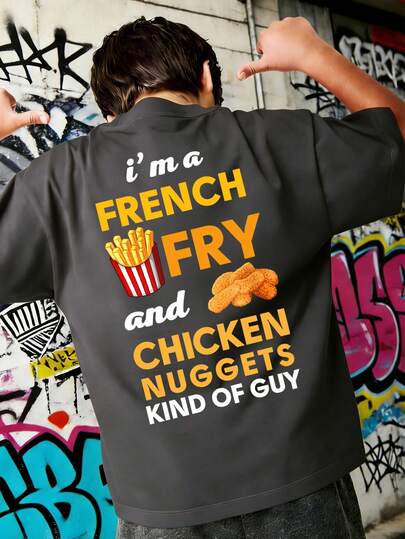 Tween Boy "I'M A FRENCH FRY AND CHICKEN NUGGETS KIND OF GUY" Funny French Fry & Chicken Nuggets Print T-Shirt, Suitable For Daily Wear, Parties And Gatherings, Fashionable Summer Top For Boys