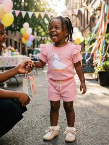 2Pcs Silly Goose Baby Clothes Toddler Girl Summer Birthday Outfit Embroidery Bow Animal Short Sleeve T-Shirts And Waffle Stripe Shorts Set - Pink - View 4