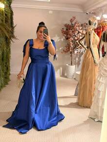 Plus Size Long Party Dress For Wedding, Bridesmaid, Fashionable, Satin - Xanh đậm - Xem 2