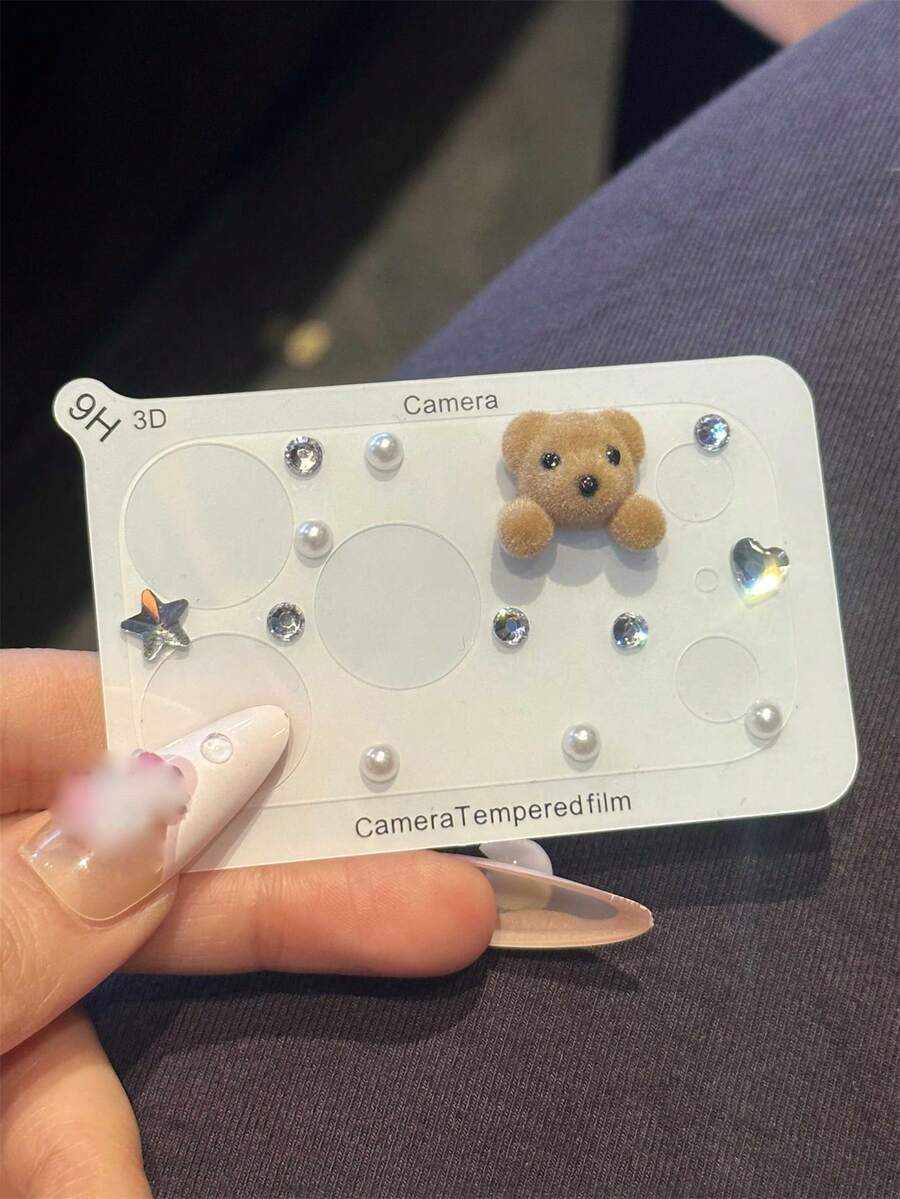 Cute 3D Bear Bling Rhinestone Pearl Protective Film Scratch Resistant Transparent Base Lens Camera Protector Compatible With IPhone 17ProMax 17Pro Camera Accessories Durable Protective Layer Camera Lens Cover