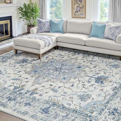 1PC Blue Floral Pattern With Intricate Details Christmas Rug 5x7 Washable Area Rugs For Living Room Bedroom, Velvet Material Low-Pile Carpet Suitable For Indoor Outdoor High Traffic Areas,  Exquisite Floral Pattern , Home Decor Gift, Holiday Print Mat