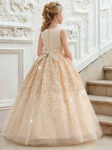 Abito da principessa lungo da festa per ragazze giovani con scollo rotondo, paillettes sfumate e rete, adatto per ballo scolastico, fascia per capelli non inclusa - Champagne - Visualizzare 3