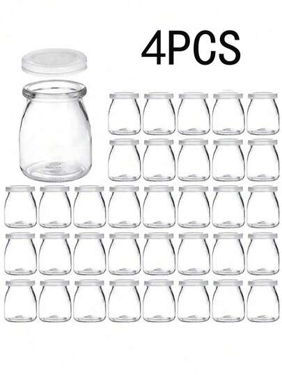 4 piezas de tarros de vidrio reutilizables con tapas de PE, aptos para yogur, pudín, leche, mermelada, gelatina, mousse y miel, recipientes de almacenamiento redondos con tapa abatible, ideales para la organización de la cocina