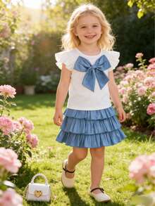 Conjunto de vestido de pastel con lazo dulce para niñas pequeñas - Camiseta blanca con mangas con volantes + Falda plisada azul de varias capas con decoración de lazo grande + Cintura elástica, Estilo princesa Conjunto de 2 piezas para verano, Adecuado para fiesta de cumpleaños, salir con amigos, uso diario, primavera/verano - Azul - Ver 4