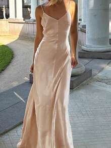 Elegant V-Neck Backless Satin Slip Dress Party Summer - Champagne - View 3