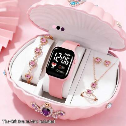 6/5pcs Girls Elegant Fashion LED Digital Display Electronic Watch With Rhinestone Decor Necklace Bracelet Ring Earring Jewelry Set, Suitable For Girls To Wear For Party, Vacation, Travel, Gathering, Birthday/Holiday Gift, Back To School, Friend Gift, Daily Wear, Perfect Gift For Girls On Valentine's Day And New Year