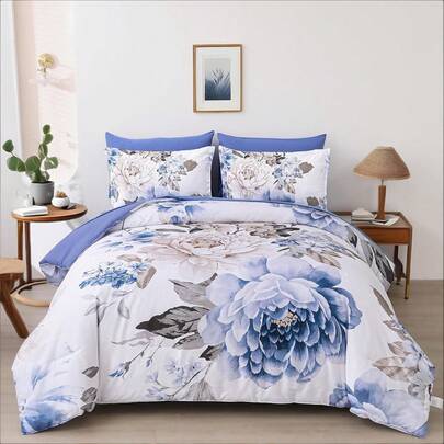 3PCS Floral Soft Quilt Cover Set Queen King Size Bed With 2 Pillowcases For Bedroom Decor,Blue Flower Design Duvet Cover Set ,Valentine's Day Gift, Soft Microfiber Home Decor For Holiday