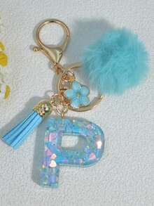 1pc Blue Heart Letter Keychain With Butterfly & Flower Decor, Women Bag Charm, Gift Keyring With Pom Pom Gifts For Mother, Father, Graduation, And Teacher - Baby Blue - View 13