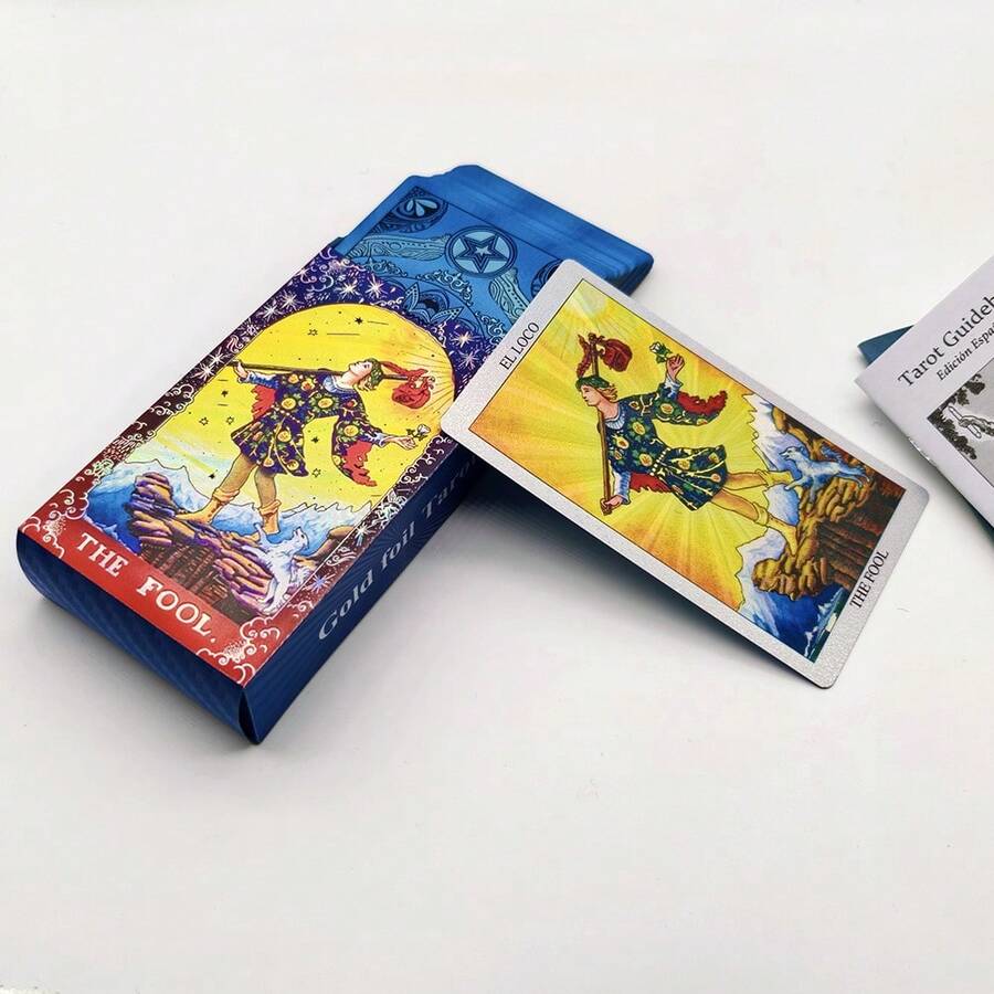 12x7厘米西班牙语和英语烫金塔罗牌占卜卡初学者套装，附双语说明书 - 藍色 - 查看 1
