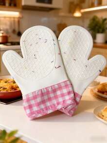 1pc Plaid Heat Resistant Glove, Thick Silicone Oven Gloves For Kitchen Baking, High Temperature Insulation, Non-Slip & Microwave Friendly - Multicolor - View 1