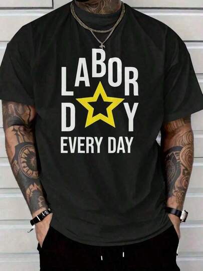 Camiseta de algodón de 180gsm para hombres - Camiseta gráfica de Labor Day Every Day, negra con amarillo llamativo - Camiseta casual de diario para trabajo, salidas, regalos - Tela suave y transpirable, cuello redondo, atuendo de salida, diseño simple, ajuste cómodo, camiseta de manga corta, compradores, atuendo de trabajo, diseño minimalista, construcción duradera, camiseta estampada, Ideas220g camiseta de algodón puro de alta calidad con impresión minimalista, tela suave y transpirable, cómoda y holgada, adecuada para uso diario, adecuada para ropa casual de oficina, apariencia diaria de primavera y verano, diseño elegante y juvenil.