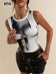 RNU 女士黑白3D人体印花露脐背心，无袖上衣，Y2K风格，性感派对装扮，夜店服饰，春夏新款，情人节约会，生日派对，泳装派对，毕业舞会，演唱会，女士度假，暑假 - 黑與白 - 查看 10