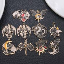 3/10pcs Enamel Gothic Dragon Dinosaur Charms Black Gold Sun Moon Flower Charm Pendants, Metal Alloy Animal Dangle Charms, For Jewellery Making DIY Bracelets Earrings Keychains Crafts - Black - View 2