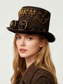 1pc Women Steampunk Hat, Solid Color Wide Brim Decorated With Metal Eyeglasses, Teeth, Chain, Felt Round Crown Costume Party Hat, Unisex Design - Multicolor - View 24