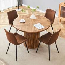 Minimalistic Rundtisch-Set With 1 Tisch And 4 Stühlen.Runder Esstisch Aus MDF Mit 100 Cm Durchmesser In Holzoptik.Combiniert Mit 4 Stühlen Aus Braunem High-Tech-Stoff Und Verbreiterter Sitzfläche. - Redwood - View 3