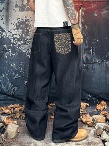 Type Power 1PC Men's Baggy Jeans, Leopard Print Patchwork Retro Washed Wide Leg Streetwear Skate Pants For Daily Wear, Multi Sizes - Black - View 2