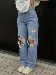 女士休闲长款破洞直筒牛仔裤，浅蓝色牛仔布，无弹力宽松款式 - 藍色 - 查看 2