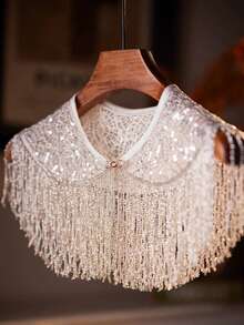 1 chiếc khăn choàng tua rua bạc sang trọng đính ngọc trai và đá rhinestone, thiết kế đa năng, khăn choàng dệt thủ công đính hạt, thích hợp cho ngày Valentine, trang phục ngày lễ, khăn choàng trang trí sang trọng. - bạc - Xem 2