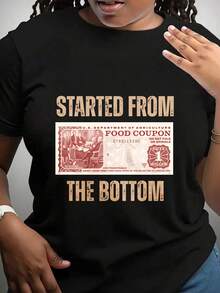Started From Food Coupon The Bottom Graphic T-Shirt For Women, Oversized Crewneck Tees Casual Wear, Spring Cotton Tops Short Sleeve, Summer Basic Tees, Funny Clothes For Women - 黑色 - 查看 1