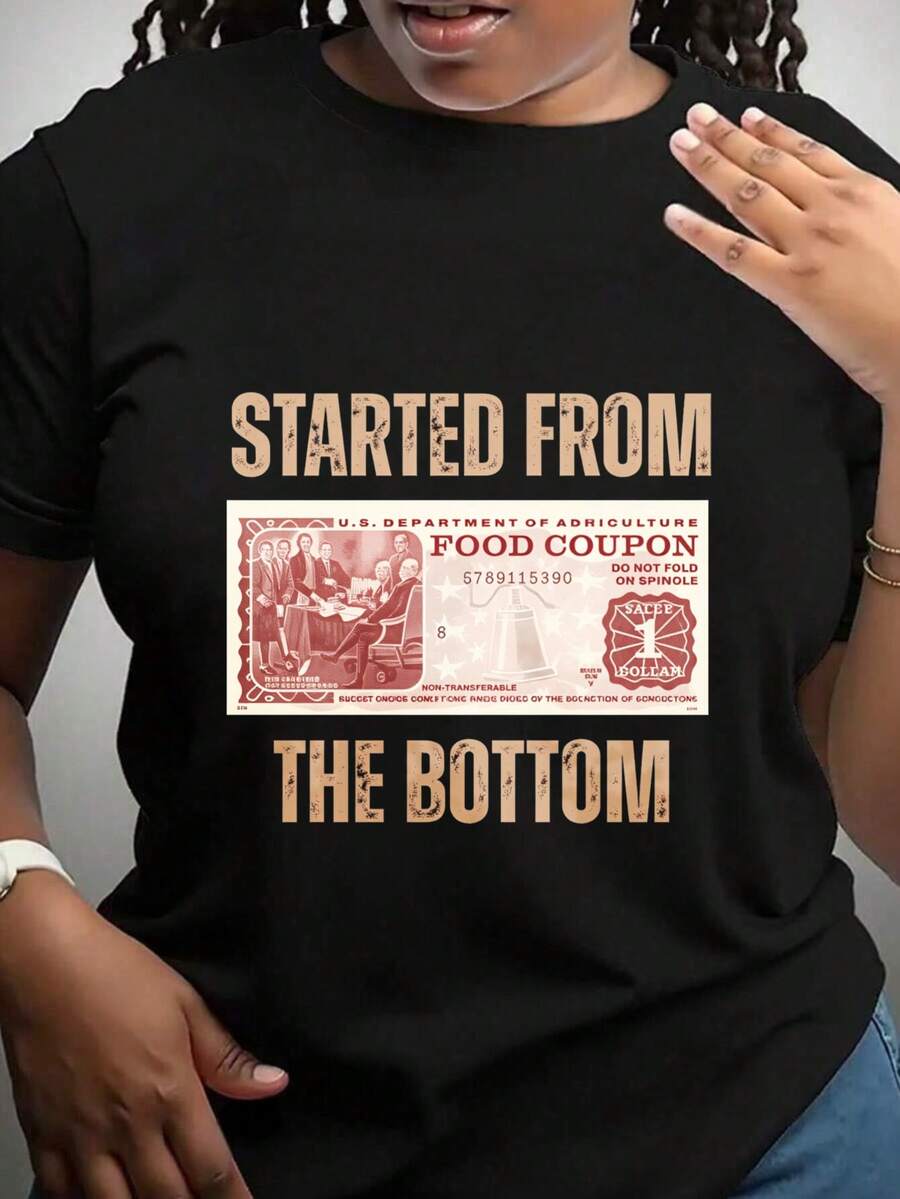 Started From Food Coupon The Bottom Graphic T-Shirt For Women, Oversized Crewneck Tees Casual Wear, Spring Cotton Tops Short Sleeve, Summer Basic Tees, Funny Clothes For Women - 黑色 - 查看 1