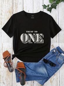 Trust No One Graphic T-Shirt For Women, Oversized Crewneck Tees Casual Wear, Spring Cotton Tops Short Sleeve, Summer Basic Tees, Funny Clothes For Women - 黑色 - 查看 2