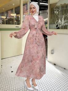 Livesso Women's Ditsy Floral V-Neck Tie Sash Slit Midi Dress, Palace Style,Ruffle,Fall Dress Long Sleeve Dress - Pink - View 1