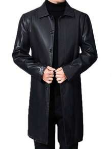 Men's Thickened Long PU Leather Coat, With A Turn-Down Collar And Fur Trim, Thickened Over-The-Knee Leather Coat For Men. - 釦子款超長不加毛領 - 查看 3