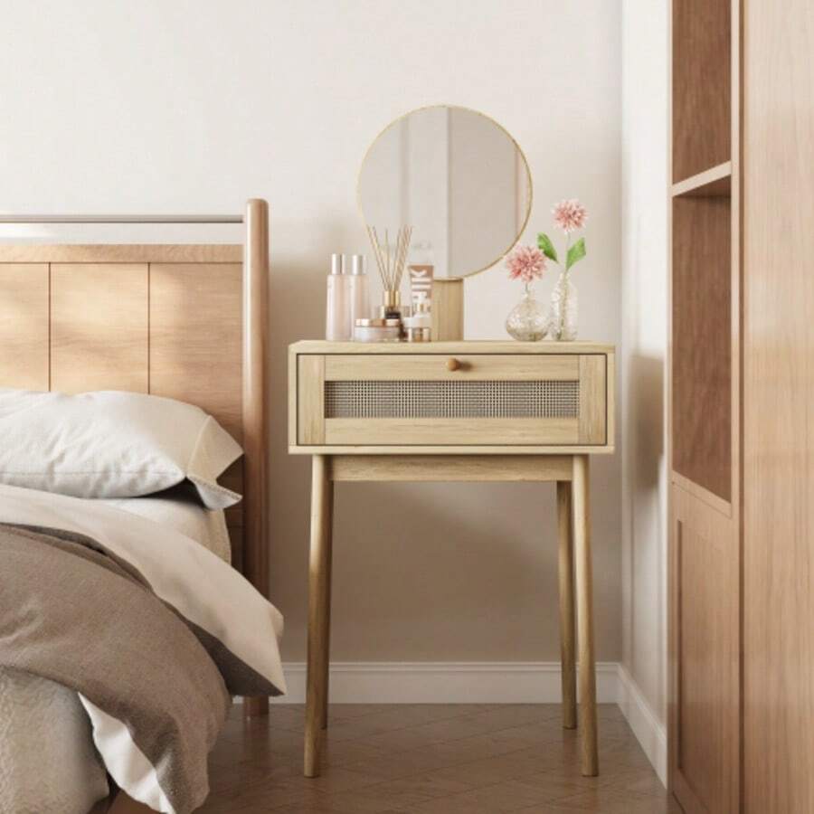 Ein Rattan Schminktisch Mit Spiegel, Ein Kompakter Schminktisch Im Schlafzimmer Und Ein Niedlicher Schminktisch Für Kleine Räume Geeignet,(Ohne Stühle) - Oak - View 1