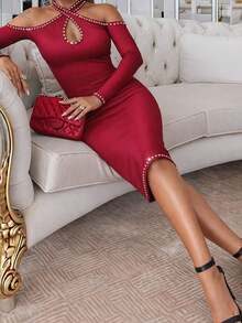 Women's Off-The-Shoulder, Halter-Neck Midi Dress With Teardrop Detail And Embellishments., 31018 - Red - View 3