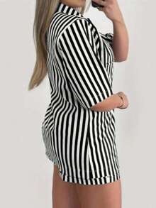 Women's Striped Casual Summer Set - Elegant, Comfortable, Fashionable, Stylish, Blogger-Friendly, - 黑色 - 查看 2
