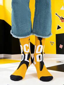 1/3 Pairs Men's Black & Yellow Guitar Letter & Music Note Artistic Design Combed Cotton Breathable Mid-Calf Socks, Suitable For Travel, Home, Office, Holiday Gifts - Multicolor - View 8