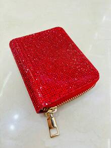 Rhinestone PU Short Wallet, Card Holder, Mini Pouch, Zipper Coin Purse - Red - View 4