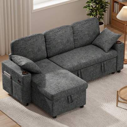 3 Seater Corner Sofa Bed, L-Shaped Sleeper Sectional Couch Bed, 3 In 1 Convertible Pull Out Sofa Bed With Storage Chaise And Cup Holder For Living Room, Chenille Fabric, Grey