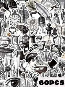 50pcs Black & White Retro Sticker Set, PVC Material, Each 3-7cm, Creative Aesthetic Design, Unique Patterns - 60PCS - View 12
