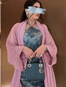 Middle Eastern Modest Women Abaya Dress, Dubai Outerwear Cardigan Robe, Shiny Fabric, - Pink - View 5