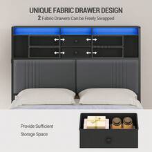 HaluPeit Headboard With 3-Tier Storage Shelves, Velvet Upholstered Headboard With Outlet, 2 USB Ports & LED Light, Headboards Full Size Bed With Two Fabric Drawers, Black And Dark Gray - Black - View 5