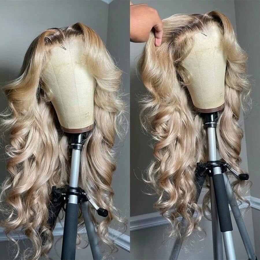 Ombre Ash Blonde Body Wave Lace Front Wigs Human Hair 200 Density Ash Blonde Dark Roots Wig Human Hair For Women Glueless 13x4 HD Lace Front Human Hair Wigs With Baby Hair Loose Wave Human Hair Wig For Daily Wear Party Use Valentine's Day Wig - 漸層棕色混合金色 - 查看 1