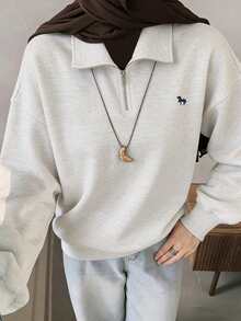 Livesso Women's Loose Fit Pullover Sweatshirt With Collar & Embroidery Pattern,Long Sleeve Tops,Fall Clothes - Grey - View 1