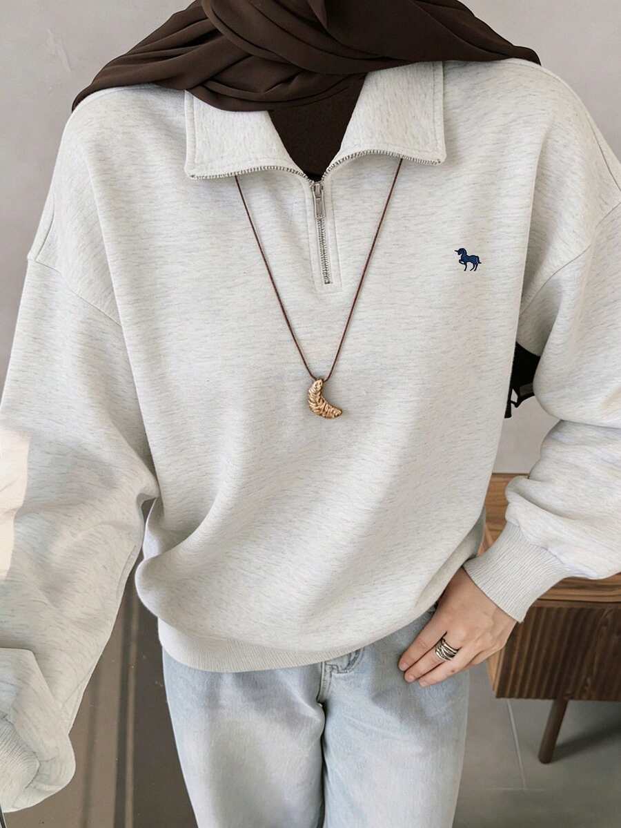 Livesso Women's Loose Fit Pullover Sweatshirt With Collar & Embroidery Pattern,Long Sleeve Tops,Fall Clothes - Grey - View 1