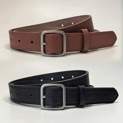 2pcs Minimalist Denim Casual Pants With Belt, Suitable For Casual Matching With Solid Color, PU Leather