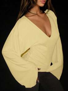 Elegant Deep V-Neck Long Sleeve Knit Sweater Top For Women, Soft & Stretchy, Regular Length, Yellow - Yellow - View 3