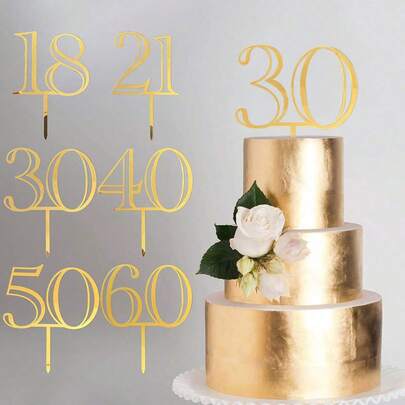 1pc/3pcs/6pcs Minimalist Gold Acrylic Number 18/21/30/40/50/60 Cake Topper, Suitable For Wedding Anniversary, Birthday Party Cake Decoration