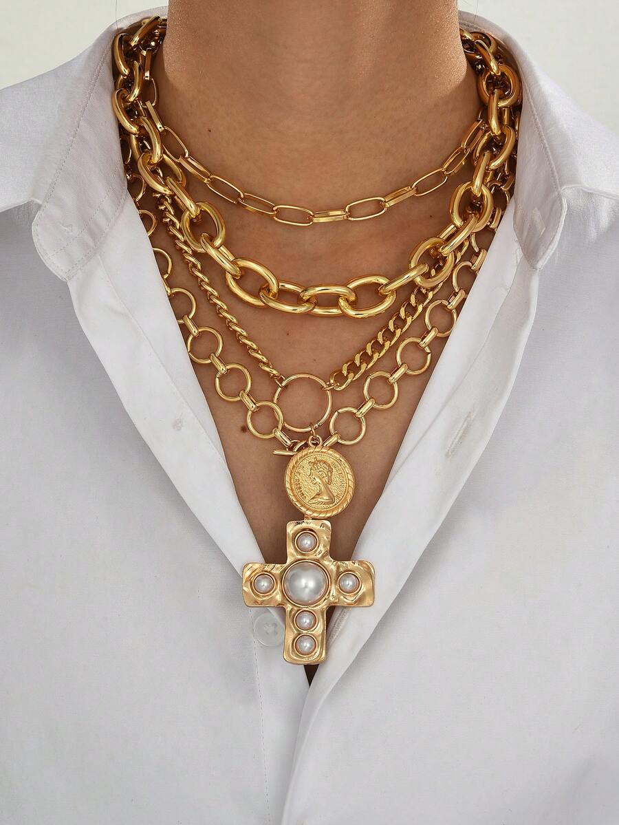 4pcs Vintage Coin Portrait, Cross, Faux Pearl Pendant Necklace Set, Layered Necklaces For Women, Suitable For Dates, Parties, Balls, Birthdays, Holidays, Everyday Wear - Yellow Gold - View 1