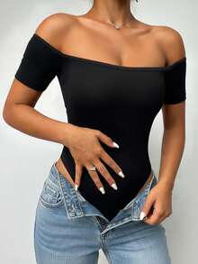 ChicMe Women Off Shoulder Minimalist Slim Fit Bodysuit Short Sleeve Casual Top Skin Friendly Daily Fashion Outfit Black Summer - Black - View 4