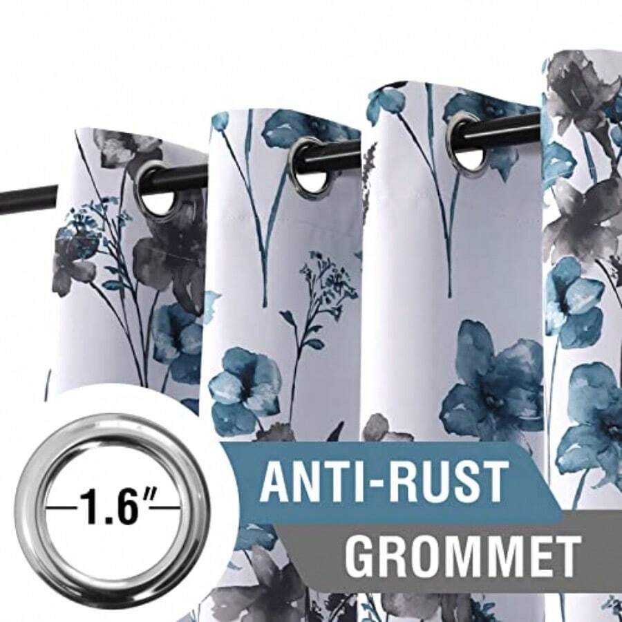 Juego de cortinas 100% opacas de 2.13 metros de longitud 2 paneles con estampado floral de Cattleya cortinas térmicas florales para habitación con forro  cortinas a prueba de sonido color gris y azul. -009 - Cattleya - Gris/Azul - Ver 1