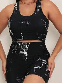 Women's Fitness Set, Super Elastane, High Waist, Sizes , XXL, Wide Strap Top, Mid-Thigh Shorts, Workout, Gym, Stretches Great, Shapes The Body - 黑與白 - 查看 2