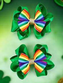 2pcs/Pack Saint Patrick's Day Green Clover Bow Hair Clips For Girls - Multicolor - View 6