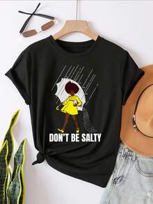 Don't Be Salty Umbrella Girl Graphic T-Shirt For Women, Oversized Crewneck Tees Casual Wear, Spring Cotton Tops Short Sleeve, Summer Basic Tees, Funny Clothes For Women - màu đen - Xem 2