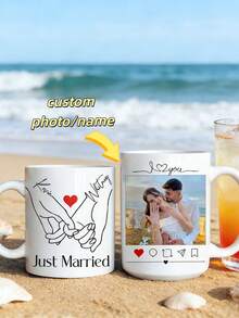 1Pc Custom Photo Name Mug – Personalized Hand-Heart Line Art Couple Design, 2-Sided Coffee Cup, Custom Mug, Valentine's Day Gift, Perfect For Newlywed, Wedding Keepsake, Engagement Gift, Anniversary, Coffee & Tea Time, Daily Use, Special Occasions - Multicolor - View 1